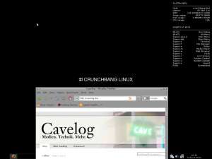 CrunchBang Linux Desktop der LiteVersion von CrunchBang Linux mit Systeminformationen und geöffnetem Browser